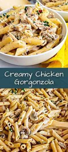 creamy chicken gorgonzozola pasta with mushrooms and parmesan cheese in a white bowl