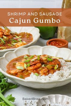 shrimp and sausage cajun gumbo with rice in a white bowl, garnished with cilantro