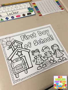 the first day of school coloring pages are displayed on a refrigerator with pencils and crayons