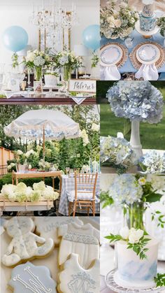 a collage of photos with blue and white flowers in vases, plates, cake