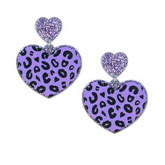 When regular leopard print is just not enough. Acrylic earrings with bright purple glitter heart studs and dangling larger hearts with our exclusive purple Electric Leopard print centers and purple glitter trim. So lightweight that you'll forget you're wearing them — until someone gives you a compliment, that is! 1.75 inches (4 cm) long and 1.25 inches (3.2 cm) wide Stainless steel studs Lightweight acrylic Purple Cheetah Print, Hypoallergenic Heart-shaped Multicolor Earrings, Heart Leopard, Electric Purple, Purple Leopard Print, Purple Leopard, Studded Belt, Glitter Hearts, Bright Purple