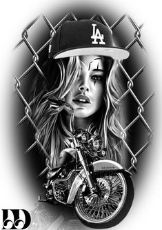 a drawing of a girl with a baseball cap on her head and a motorcycle in the background