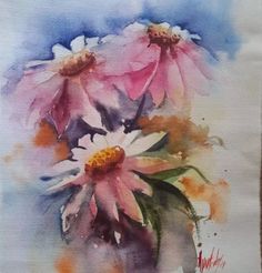 watercolor painting of pink and white flowers