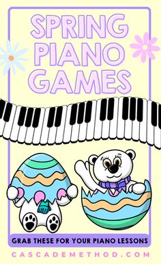 a teddy bear sitting on top of an easter egg next to a piano keyboard with the words, spring piano games grab these for your piano lessons