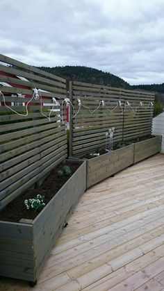 a wooden deck with raised planters and string lights on the fenced in area