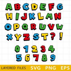 the letters and numbers are made up of different colors, shapes, and font styles