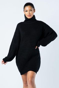 Big Knit Turtleneck Sweater Dress Fall Knitted Stretch Mini Dress, Fall Stretch Knitted Mini Dress, Knitted Turtleneck Sweater Dress, Winter Knitted Stretch Mini Dress, Fitted Chunky Knit Long Sleeve Sweater Dress, Winter Stretch Knitted Mini Dress, Knitted Stretch Mini Dress For Winter, Knitted High Neck Sweater Dress For Fall, Cozy Black Turtleneck For Fall