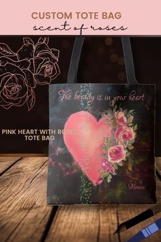 beautiful watercolor pink heart on black background tote bag that you can give to your girlfriend, wife, or a friend. It features a pink heart with beautiful red-pink flowers . The background is gradient black with shades of greens and pinks. You can change/ update the front text and name. This tote bag is perfect for daily use reminding you that beauty is coming from the heart. Flower Magic, Beautiful Watercolor, Black Tote