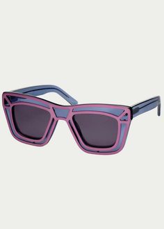 The scorpius is a flashy remake of one of ksubi's most famous frames (skeleton). the frame is outlined in a purple metallic “skleleton” which is filled in with a translucent blue smoke acetate.    - 100% uva/uvb protection  - each frame is in limited supply  - size: 44-20-140 (5 + 7/8" across front of frame at its widest) Purple Metallic, Eyewear Womens, Skeleton, Sunglasses, Purple, Frame, Blue