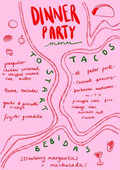 a menu for a dinner party with food and drinks