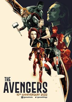 the avengers movie poster is shown with many characters and their names on it's side