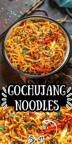 the cover of gochujung noodles with chopsticks in it and an image of