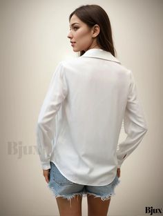 Bjux - Stylish Womens Blouse: Contemporary Summer/Fall Casual Shirt with Classic V-Neck and Long Sleeves White Lapel Collar Tops For Office, Casual Office Wear Tops With Collared Neckline, Casual Collared Office Wear Tops, Casual V-neck Office Tops, Casual Collared Tops For Office Wear, Casual V-neck Tops For Office, Casual Blouse With Lapel Collar For Office, Casual Office Blouse With Lapel Collar, Casual Office Wear Blouse With Lapel Collar