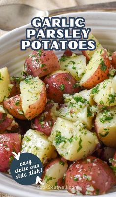 garlic parsley potatoes in a white bowl