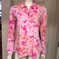 Great Golf/Tennis/Athleisure 1/4 Zip Long-Sleeved Top By Ibkul! In A Lively Floral/Paisley Pattern, Ibkul Fabrics Have Icefil Technology Which Keeps You Cool, Comfortable And Odor Free Under Strenuous Conditions. Mesh Inner Sleeves Provide Additional Ventilation. Upf 50+ Too! Size Extra Small (Armpit To Armpit: 17.5” Length: 23.5”) And Size Large (Pit To Pit: 21” Length: 26”) Available. New With Tags! Spring Sports Half-zip Top, Spring Half-zip Sports Top, Athleisure Long Sleeve Tops For Golf, Pink Half-zip Top For Spring, Spring Tennis Athleisure Tops, Spring Athleisure Tennis Tops, Tennis Athleisure, Mock Neck Shirt, Geometric Top