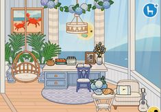 a room filled with furniture and windows next to a window covered in blue flowers on the ceiling