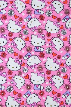 a pink hello kitty wallpaper with hearts and flowers on it's back ground