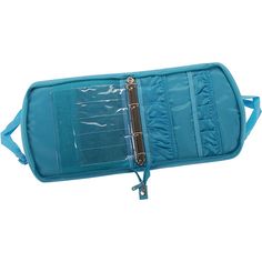 an open blue case with zippers on it