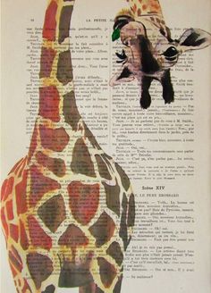 the giraffe is standing in front of an open book with pictures on it