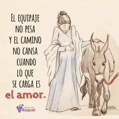 a drawing of a woman standing next to a horse with spanish words written on it