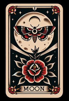 the moon tarot card with moths and flowers on it, in front of a black background