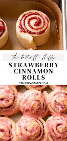 strawberry cinnamon rolls in a baking pan with text overlay