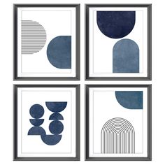 four framed art pieces with blue and white shapes