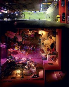 an aerial view of the inside of a building at night