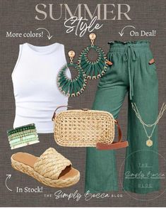 Summer Out To Dinner Outfit, Summer Errands Outfit, Summer Outfits Plus, Look Boho Chic, Summer Outfits For Moms, Mode Casual, Casual Chic Outfit, Green Pants, Looks Chic