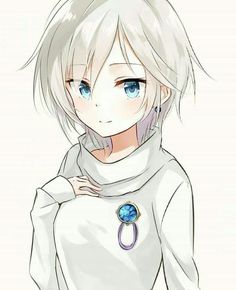 an anime character with blonde hair and blue eyes, wearing a white shirt that has a ring on it's neck