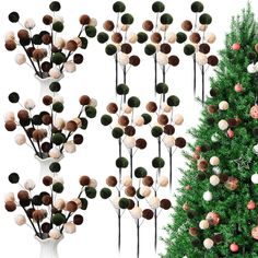 three different types of christmas trees with balls on them