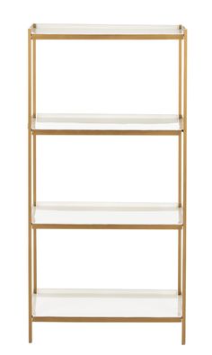 Add layers of style and elegance to the living room with this luxurious 4-tier étagère. Its durable iron construction features a refined brass finish that frames its chic white shelves. Designers love its sleek minimalist lines and ample open storage. Safavieh Daniella White/Brass Metal 4-Shelf Bookcase (20-in W x 40-in H x 10-in D) in Gold | ETG3200A Toy Chests, 4 Shelf Bookcase, Contemporary Bookcase, Safavieh Furniture, Bookcases For Sale, Contemporary Nightstand, Modern Bookcase, Etagere Bookcase, White Shelves