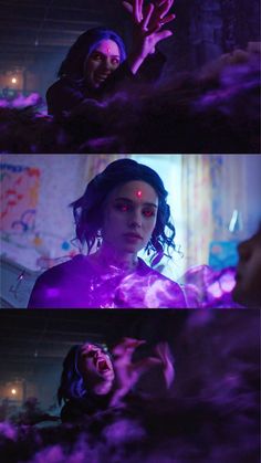 two images of the same woman in purple light