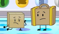 two boxes with faces are standing in the water, one is frowning and the other has an angry look on his face