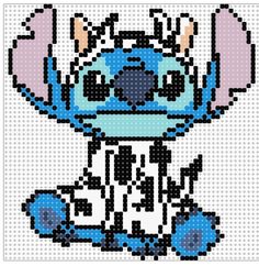 an image of a pixel art style stitching pattern with blue and white colors, including the