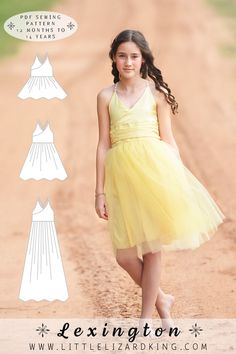 The Lexington Dress & Top Sewing Pattern (sizes 12 months - 14 years) features a crossover front bodice with an optional gathered or flat bodice band. Choose from skirt options including a simple skirt in top, dress, and maxi lengths, or elevate the style with a tiered tulle dress or a dreamy tulle maxi dress. The strappy back with tie closure and elastic casing adds a delightful and adjustable touch. Perfect for special occasions or everyday magic!