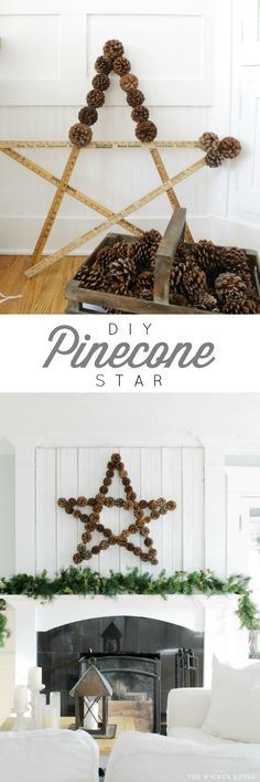 the diy pine cone star is made from wood sticks