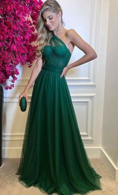 Green Prom Dress A Line, Dark Green Dress Formal, Prom Dress A Line, One Shoulder Prom Dress, Green Prom, Green Tulle, Tulle Sleeves, Evening Dresses Cocktail, Green Prom Dress