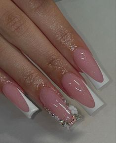 Nails Acrylic Frenchies, Simple Nail Sets Acrylic, Cute Simple Nails With Gems, Medium Nail Sets Acrylic, Plain Birthday Nails, Bling Out French Tips, Easy Nail Sets, French Tip Nails With Rhinestones Bling, Square French Nails With Design