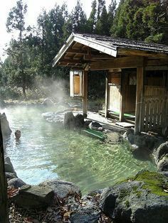 a hot spring in the middle of a wooded area with rocks and trees around it