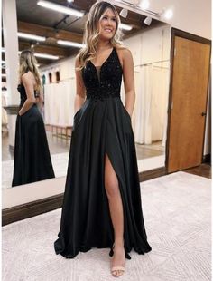 A-Line Evening Gown Empire Dress Formal Floor Length Sleeveless V Neck Pocket Satin Backless with Beading Appliques

If you like, you can save and click to enter the purchase page. Shipping worldwide and Free Shipping. Black Satin Prom Dress, Neck Corset, Prom Dresses With Pockets, Sequin Prom Dress, Backless Prom Dresses, Evening Dresses Cocktail, Satin Prom Dress, Empire Dress, Dress Formal