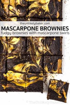 chocolate brownies with caramel swirls are cut into squares and stacked on top of each other