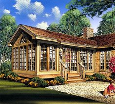 this is an artist's rendering of a small cabin style house with porches and windows