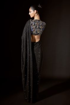 Black net pre-stitched saree with crystal embellishments. Comes with a silver blouse. - Aza Fashions Fitted Pre-draped Saree With Zari Work For Evening, Black Embellished Pre-draped Saree For Designer Wear, Embellished Black Pre-draped Saree For Reception, Hand Embellished Blouse Piece For Evening In Traditional Drape, Evening Hand-embellished Traditional Drape Blouse Piece, Evening Pre-draped Fitted Saree With Mirror Work, Black Embellished Fitted Saree, Black Embellished Pre-draped Saree, Fitted Black Embellished Saree