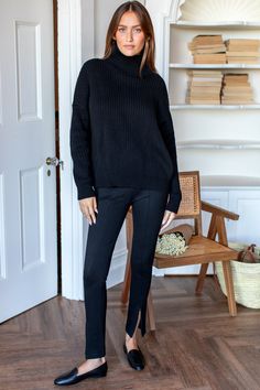 Zip Layering Pant - Black Ponte Black Pull-on Leggings For Fall, Black Tapered Leg Fall Leggings, Black Tapered Leg Leggings For Fall, Black Tapered Leggings For Fall, Black Pants Black Boots, Simplicity City, Black Pants Outfit For Work, Ankle Pants Outfit, Mum Style