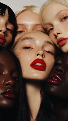 several models with red lipstick on their faces and one woman's face in the middle