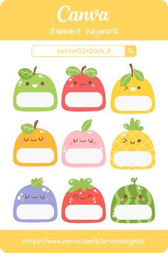 a bunch of fruit with faces on them and the text canva element keyword