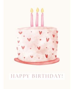 a birthday cake with three candles on it and the words happy birthday written in pink