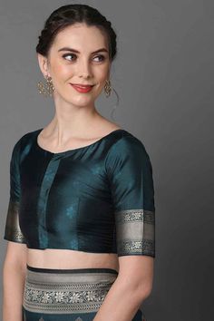 Lasted Traditional Wear Sarees Teal Blue Saree, Pre Stitched Saree, Teal Blue Blouse, Stitched Saree, Saree And Blouse, Latest Blouse Designs Pattern, Floral Saree, Woven Art