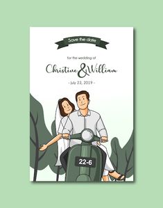 a wedding card with a couple on a scooter